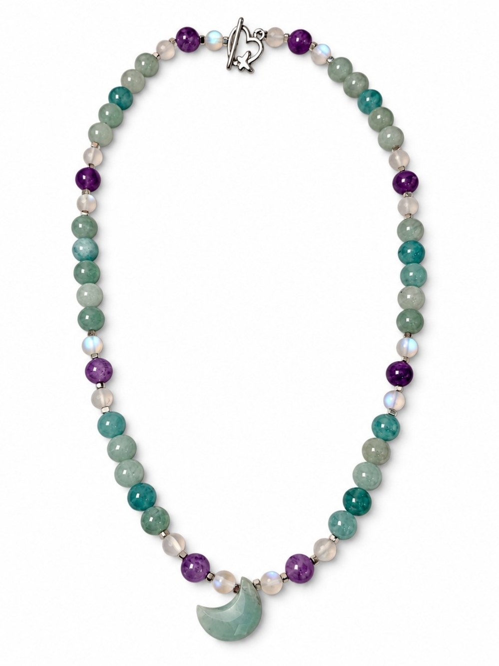 8 mm Fluorite & Opalite Necklace with Faceted Jade Moon — 19″